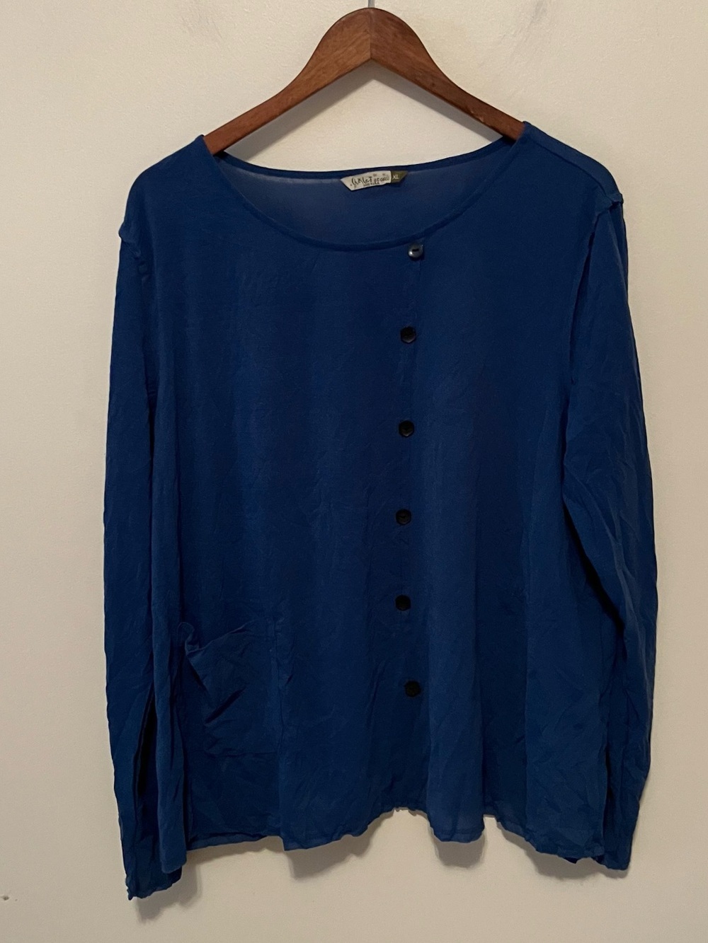Chalet Et Ceci Womens XL Blue Crinkle Asymmetric Button Tunic Lagenlook Artsy